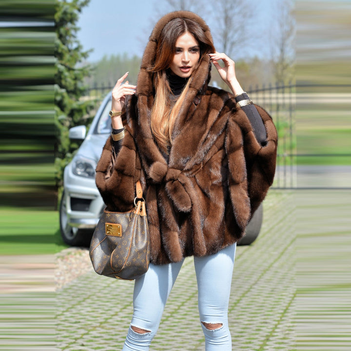 Mink jacket fashion women's autumn and winter new European and American Amazon hot cross-border bat sleeve coat women's clothing