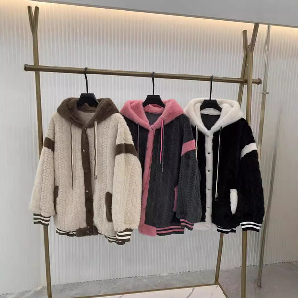 Color-blocked jacket women's autumn and winter new thick sweater faux fur integrated hooded cardigan sweater casual and versatile