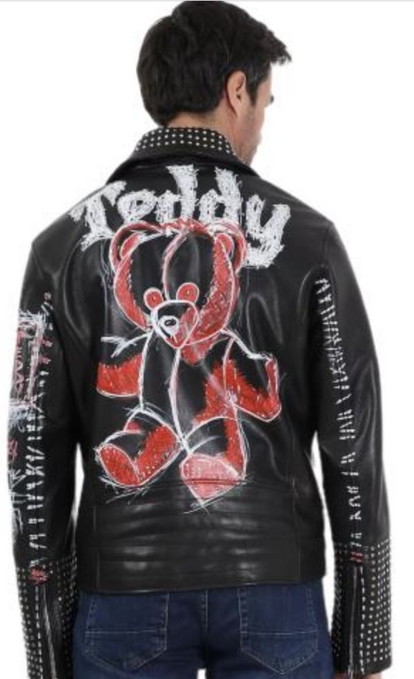 Men's Hand Painted Teddy Motorcycle Jacket